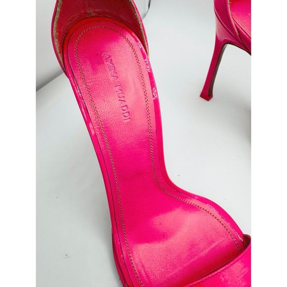 Amina Muaddi Kim Bubblegum Pink Patent Calf Leather Stiletto Strap Heels Size 39 - Picture 6 of 12